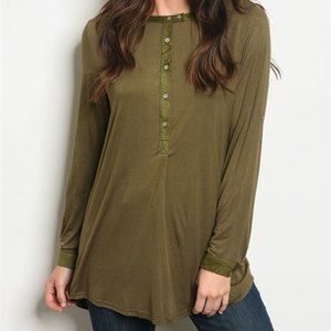 'VERY J'  brand Small Olive Roll Button Sleeve Hi-Low Henley Office Blouse